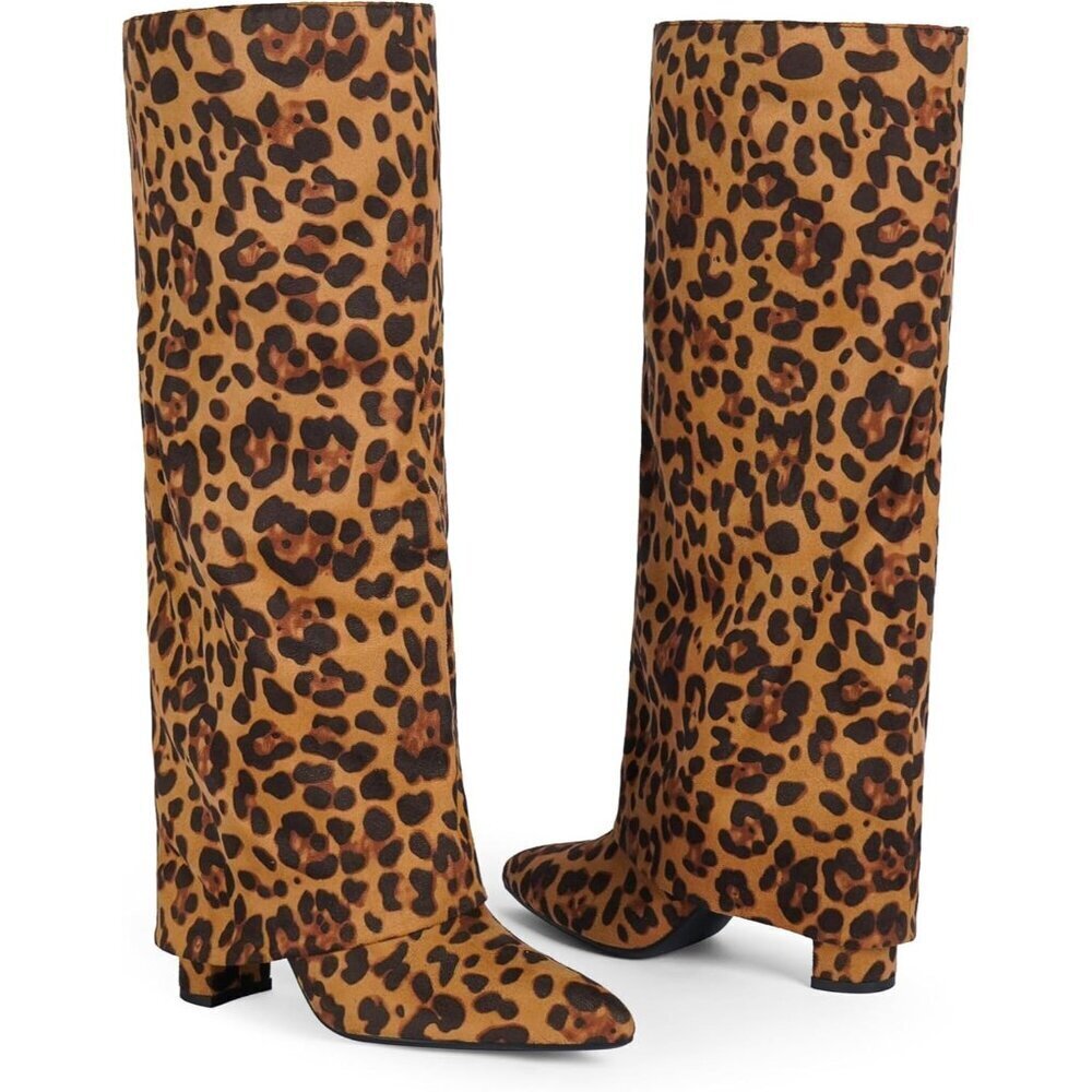 Women Suede leopardFaux Leather Fold Over Knee High Chunky High Heels Boot - Picture 3 of 7